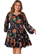 Black Plus Size Floral Print Tie Neck Cinched Waist Long Sleeve Mini Dress