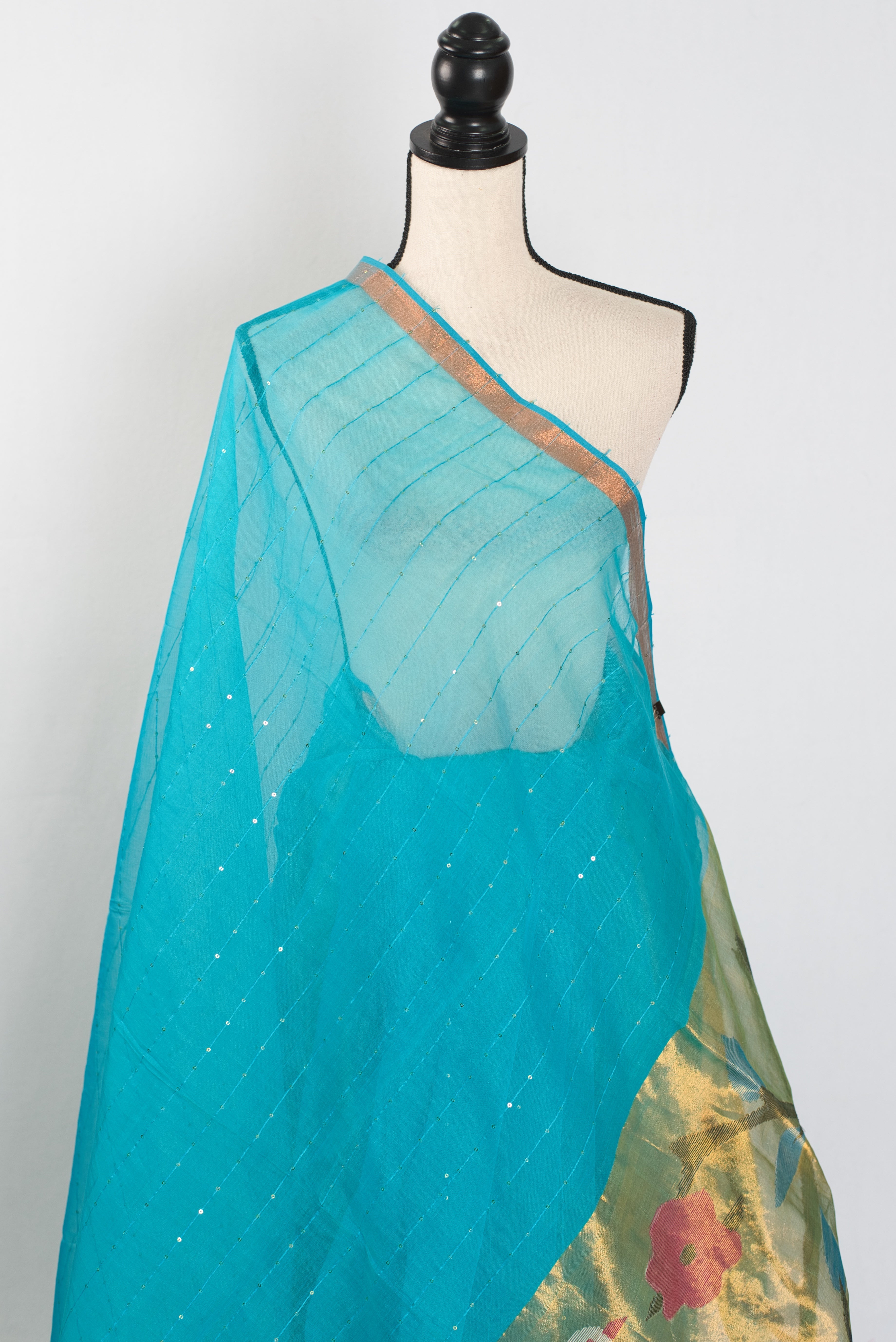 Shukti: Turquoise Blue & Gold Muslin Cotton Jamdani Saree | Sequin Weaving