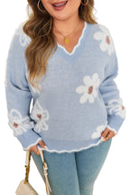 Gray Fuzzy Flower Scalloped V Neck Plus Sweater