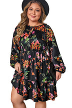 Black Plus Size Floral Print Tie Neck Cinched Waist Long Sleeve Mini Dress