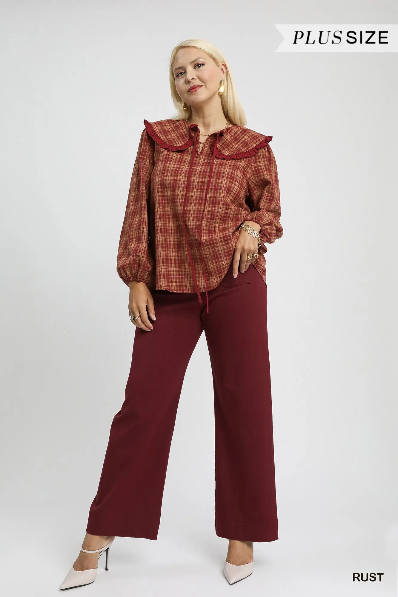 Umgee Full Size Plaid Ruffle Collar Blouse Plus Size