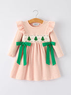 Christmas Tree Smocked Embroidery Stripe Baby Girls Dress