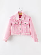 Girls Pink Denim Jacket with Lace Bow Back Detail