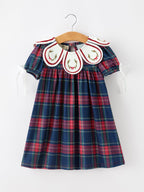 Navy Red Christmas Plaid Wreath Embroidered Girl Dress