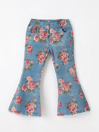Girls Floral Denim Bell Bottom Pants Rose Print Flare Jeans