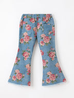 Girls Floral Denim Bell Bottom Pants Rose Print Flare Jeans