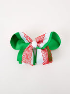 Christmas Red Lace Green Layered Bow Hair Clip 6.3 Inches