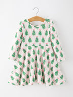 Christmas Girls Pink Stripe Tree Bow Twirl Dress