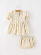 Baby Girls Goose Embroidered Beige Plaid Ruffle Bloomer Set
