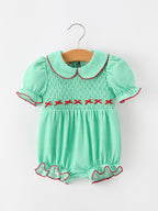 Christmas Girls Green Plaid Smocked Bow Bubble Romper