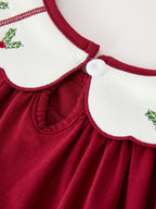 Christmas Holly Embroidered Girls Dress Petals Collar Puff Sleeve