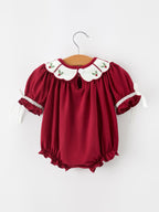 Christmas Holly Embroidered Baby Romper Petals Collar Ruffle