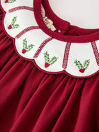 Christmas Holly Embroidered Baby Romper Petals Collar Ruffle