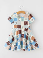 Western Horse Patchwork Print Girls Short Sleeve Twirl Dress
