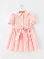 Fall Girls Pink Floral Embroidered Smocked Peter Pan Collar Dress