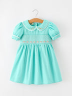FALL Girls Aqua Floral Embroidered Smocked Dress