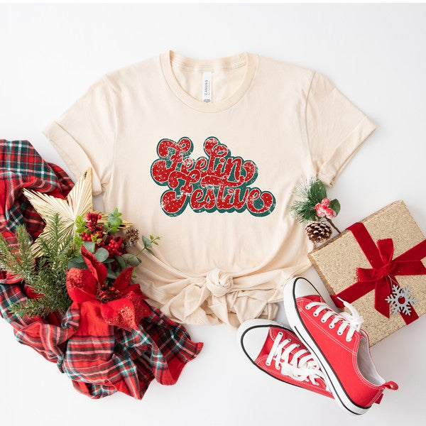 Distressed Feelin Festive Short Sleeve Graphic Tee