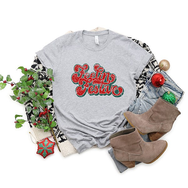 Distressed Feelin Festive Short Sleeve Graphic Tee