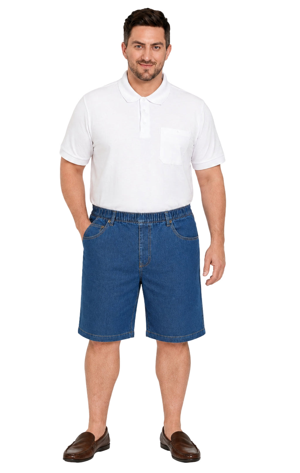 Men's Pull-On Stretch Denim and Twill Shorts — Elastic Waist No Zipper