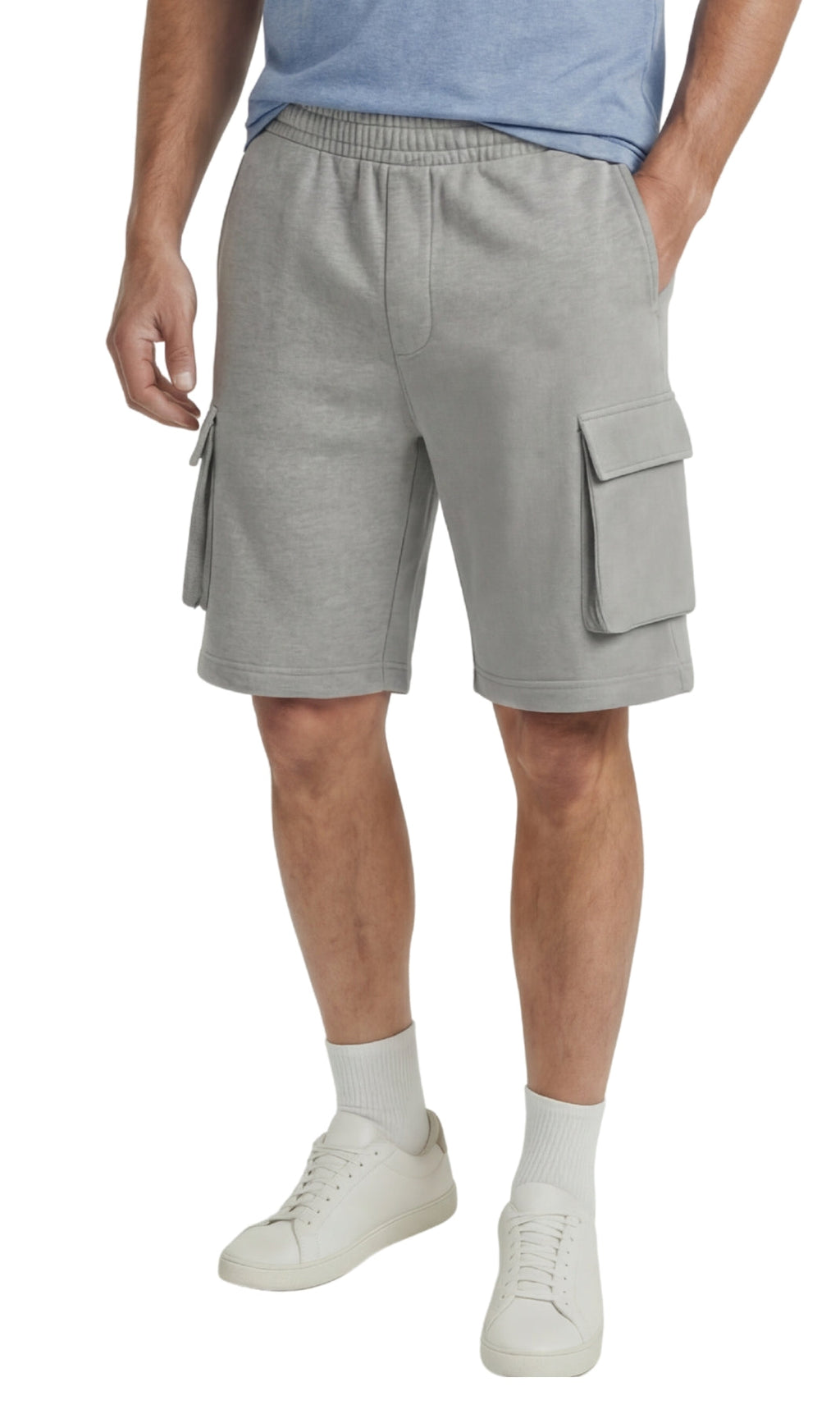 Men's Fleece Cargo Shorts — Elastic Waist Multi-Pocket Sweat Shorts