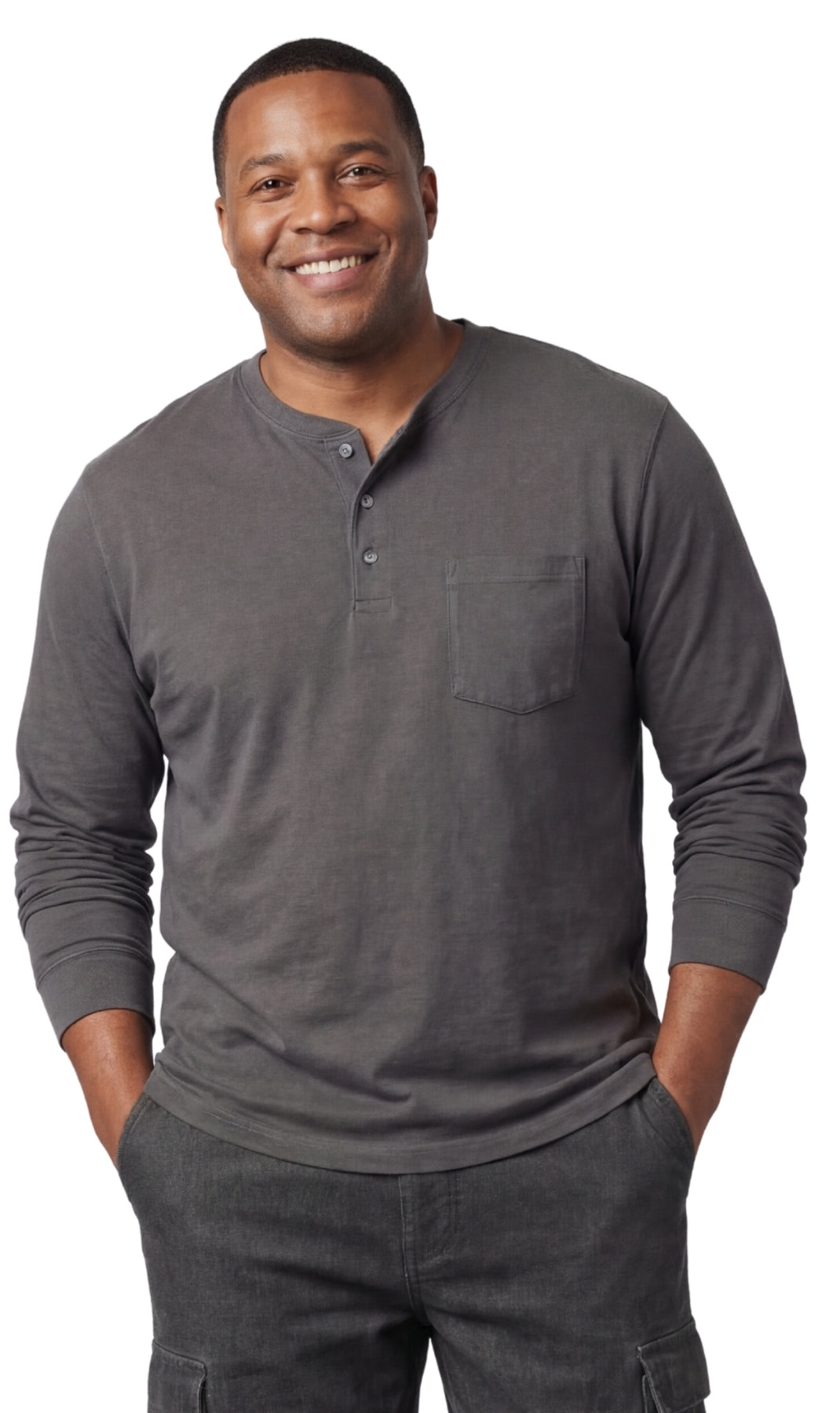Men's Long Sleeve Henley Shirt — Cotton Blend 3-Button Placket with Pocket