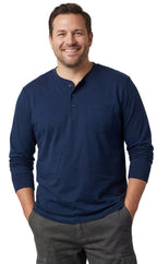 Men's Long Sleeve Henley Shirt — Cotton Blend 3-Button Placket with Pocket
