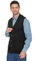 Men's Button Front Rib Knit Sweater Vest with Pockets — Relaxed Fit