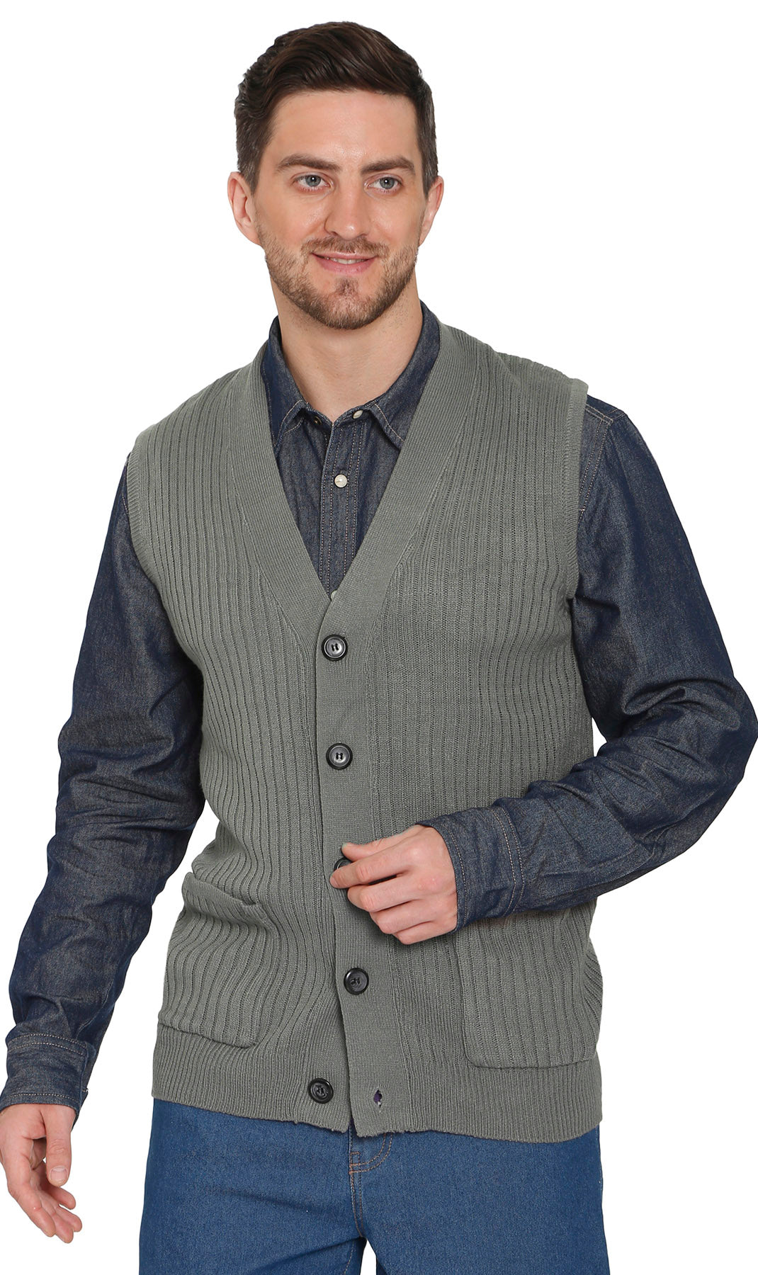 Men's Button Front Rib Knit Sweater Vest with Pockets — Relaxed Fit