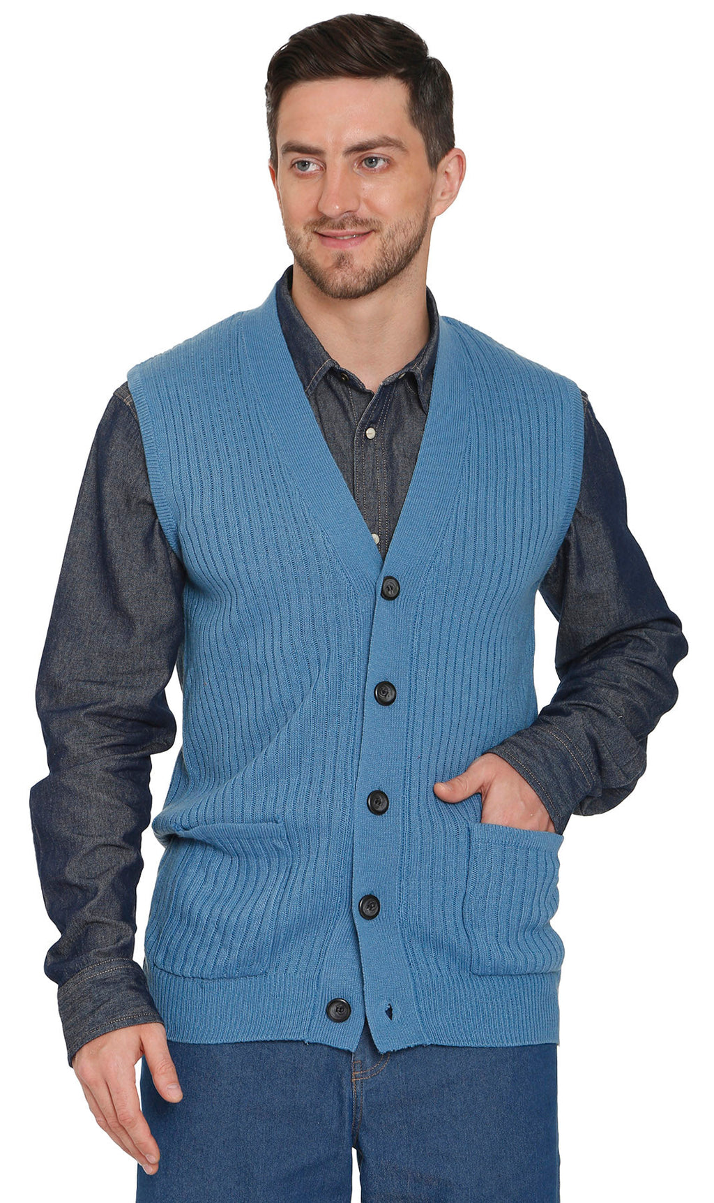 Men's Button Front Rib Knit Sweater Vest with Pockets — Relaxed Fit