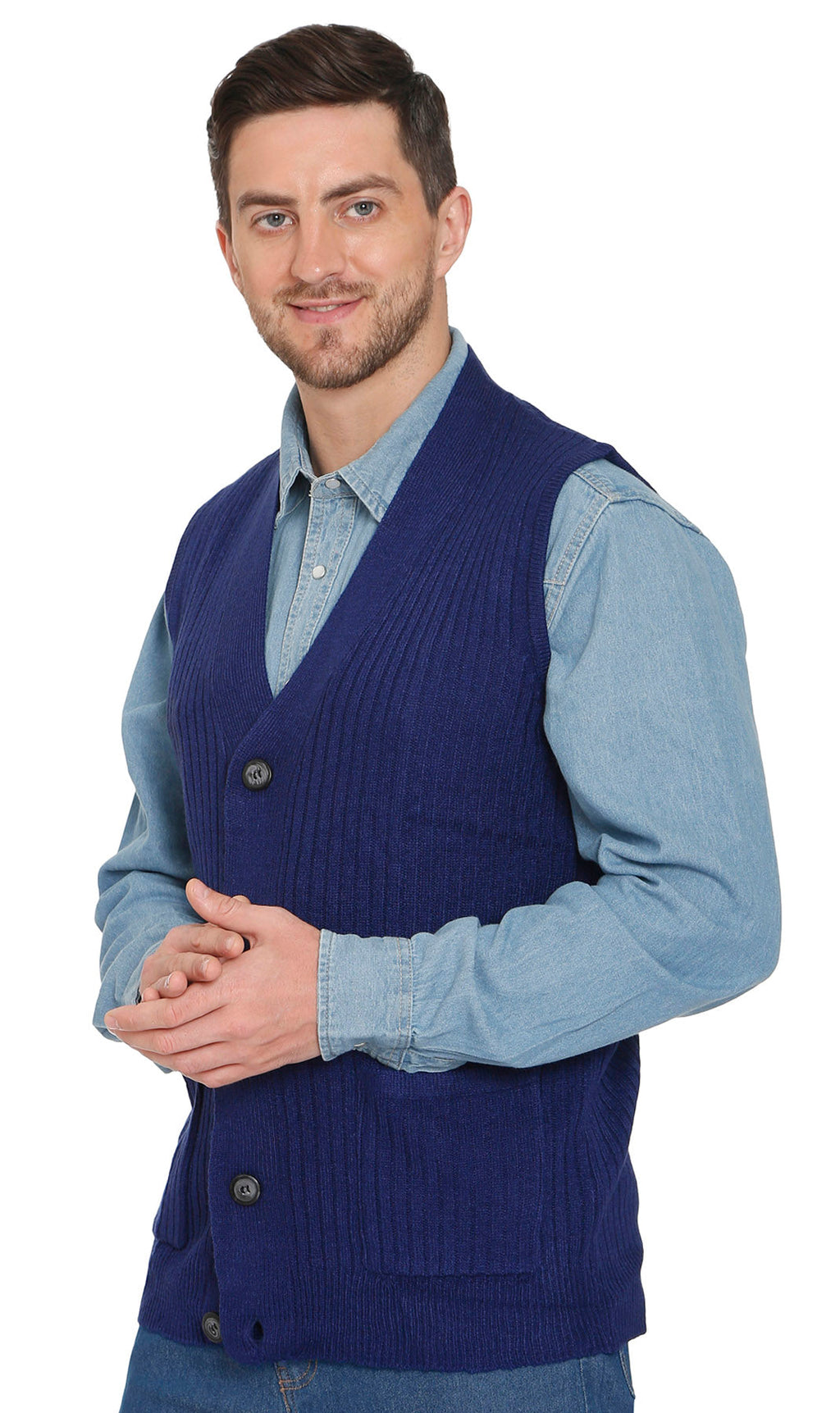 Men's Button Front Rib Knit Sweater Vest with Pockets — Relaxed Fit