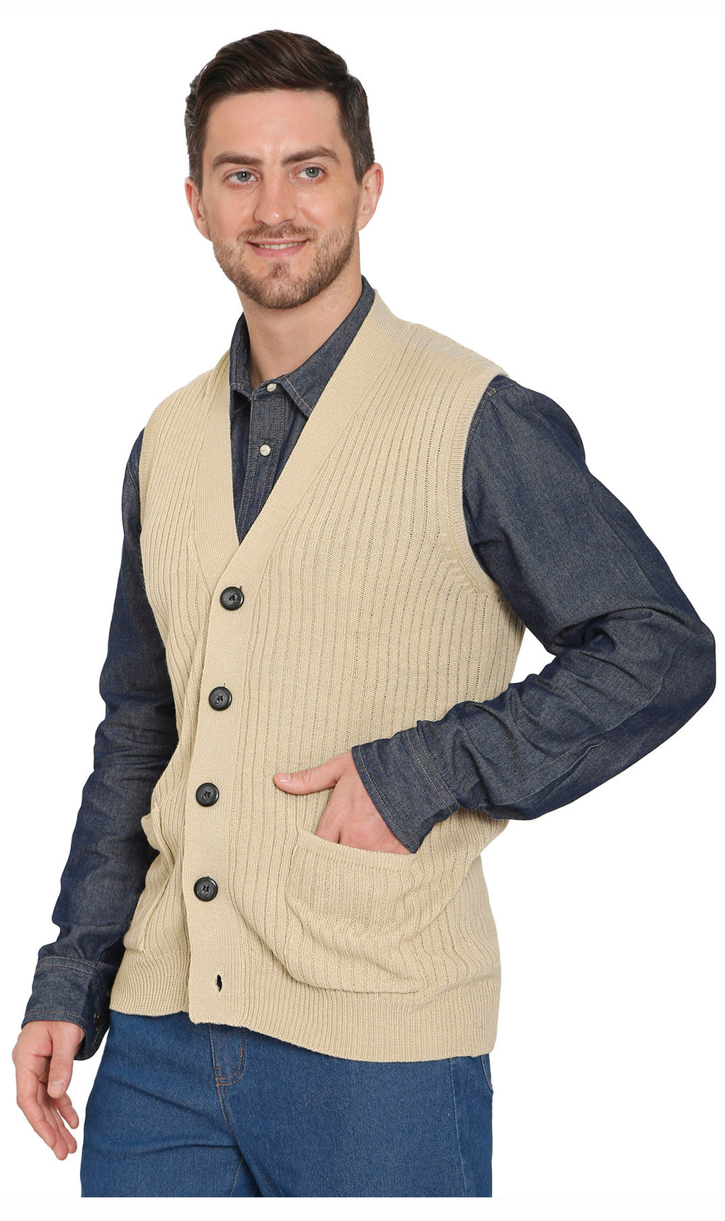 Men's Button Front Rib Knit Sweater Vest with Pockets — Relaxed Fit