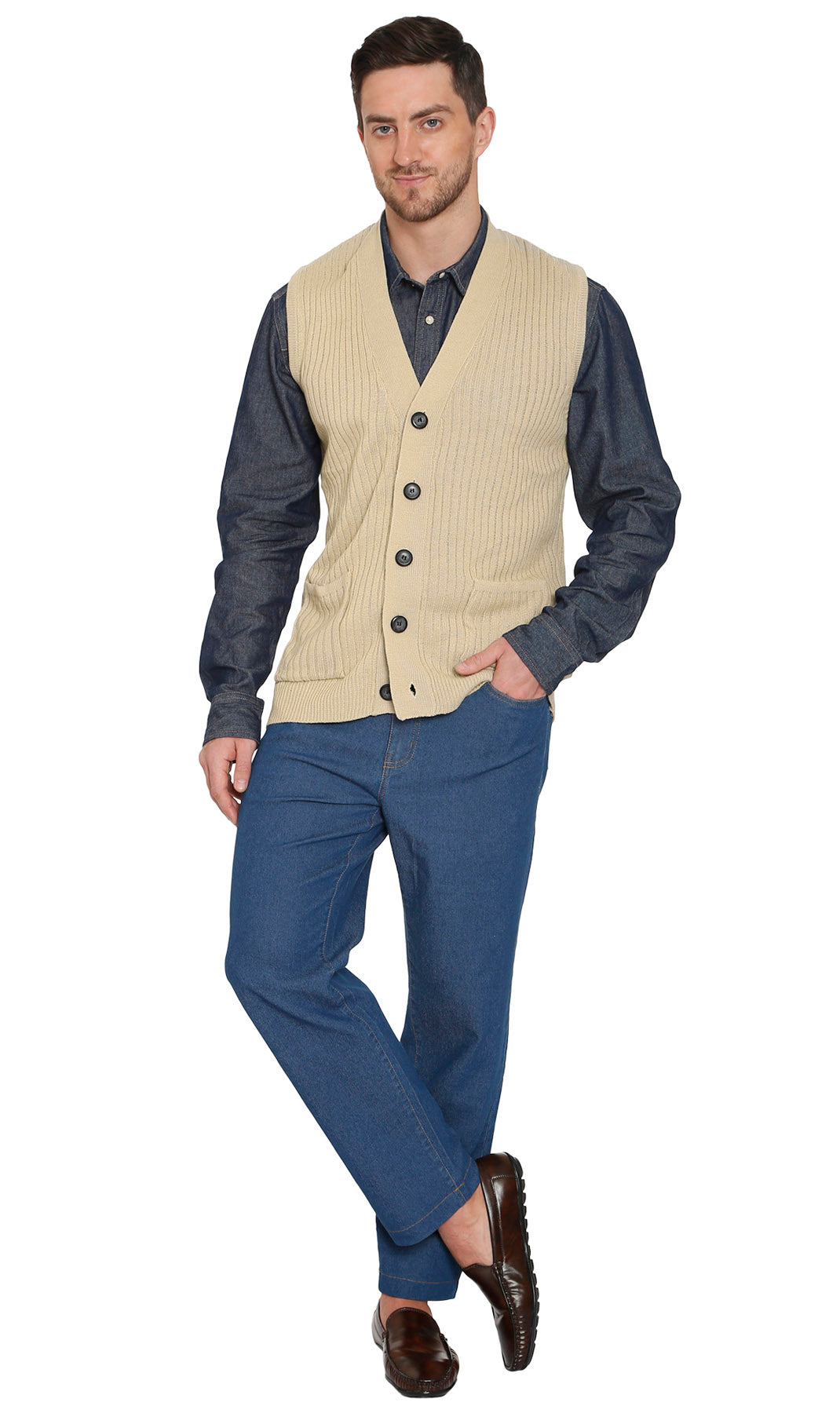 Men's Button Front Rib Knit Sweater Vest with Pockets — Relaxed Fit