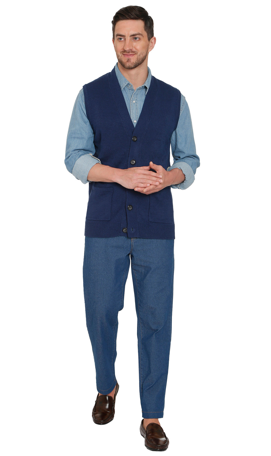 Men's Cashmere-Like Button Front Flat Knit Sweater Vest with Chest Pockets