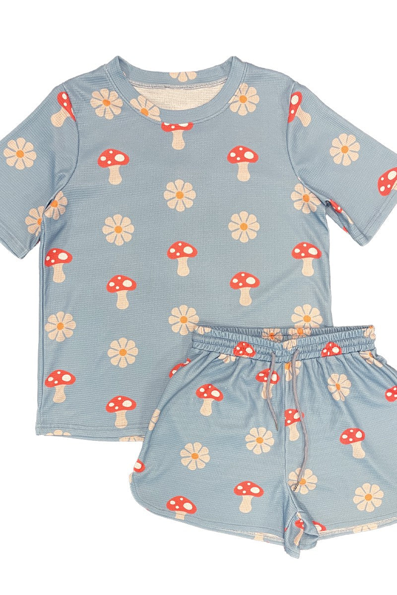 Novelty printed waffle shorts set