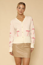 Cropped knit bow cardigan with pockets