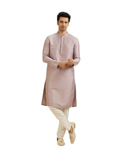 Manyavar MenS Art Silk Embroidered Neckline Kurta Set (Lilac,L)