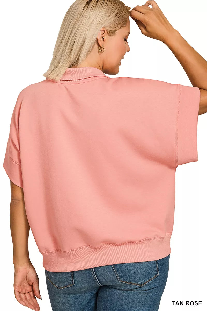Zenana Full Size Scuba High Neck Half Zip Short Sleeve Top Plus Size