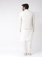 Kisah Men White Kurta With Churidar, Full Sleaves, Knee Length, Straight, Regular Fit, Mandarin Collar Ethnic Wear