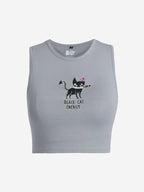 The Souled Store Tank Top: Black Cat Energy Women and Girls Round Neck Sleeveless Grey Embroidered Cotton Blend Slim Fit Tank To