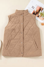 Camel Plus Size Quilted Cord Snap Button Vest Jacket