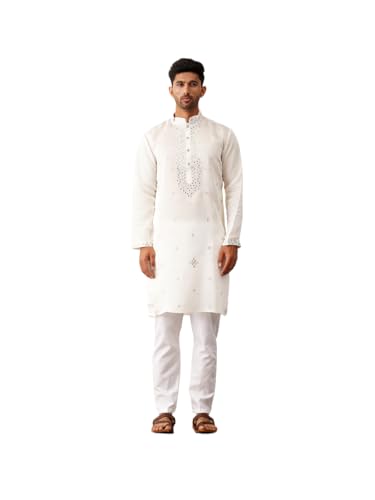 Jompers MenS White Embroidered Kurta Pyjama. (White, M)
