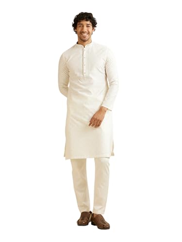 Manyavar MenS Viscose Blend Embroidered Jacquard Kurta Set (White,Xxxl)