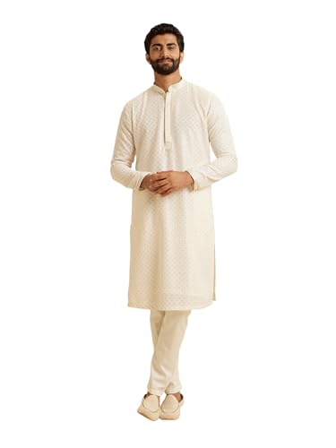 Manyavar MenS Georgette Royal Chikankari Work Kurta Pajama Set (Cream,M)