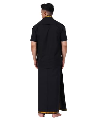 Prakasam Cotton Mens Single Jari Border (1.28X2.00 Mtrs) Black Dhoti + Readymade Half Sleeve Shirt + Balck Jari Border Matching