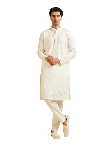 Manyavar MenS Art Silk Embroidery Mirror Work Kurta Set (Warm White,Xxl)