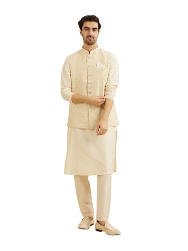 Manyavar MenS Brocade Embroidery|Floral Moti Work Kurta Jacket Set (Cream,Xxl)