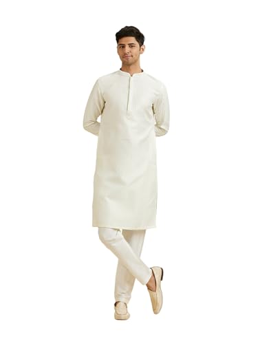 Manyavar MenS Art Silk Textured | Neck Embroidered Kurta Pyjama Set(Warm White,Xxxl)