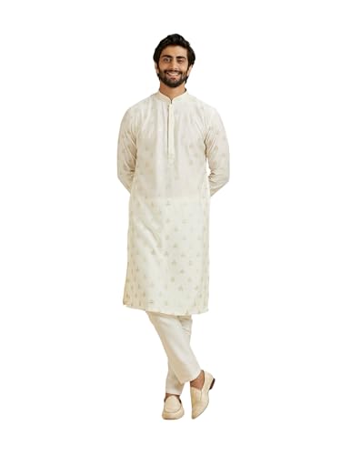 Manyavar MenS Viscose Blend Golden Threadwork Kurta Pyjama Set(Warm White,Xxl)