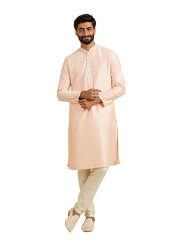 Manyavar MenS Light Pink Sequins Kurta Pajama (Peach,L)