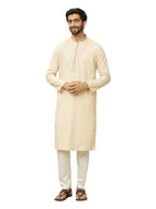 Manyavar Mens Beige Cotton Self Design Kurta Pyjama Set